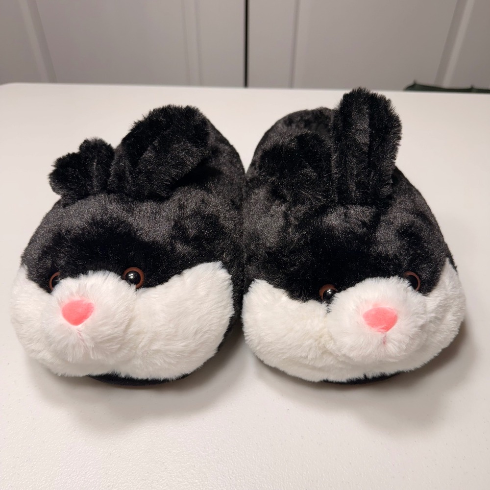 Bunny Rabbit Plush Slippers Black White Faux Fur Women's Size 9